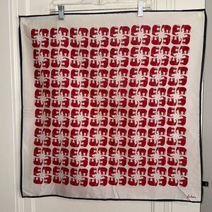 Vtg  Echo large white‎ thin cotton square scarf with red elephants & blue border